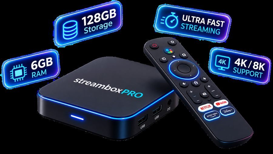 Boîtier IPTV 4K StreamBox Pro avec télécommande